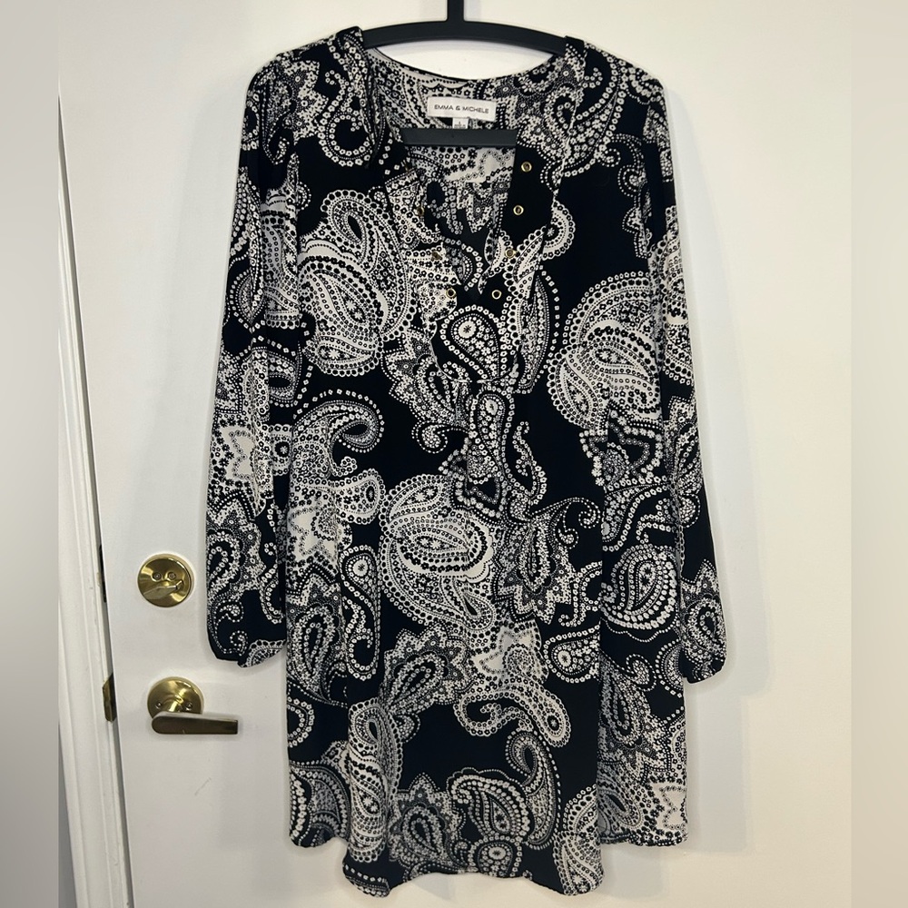 Emma & Michele Black and White Paisley Long-Sleeve Tunic Dress Size Large